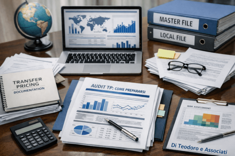 Scrivania professionale con laptop e documenti di Transfer Pricing per la preparazione di un audit TP; raccoglitori Master File e Local File; firma ‘Di Teodoro e Associati’ in basso a destra.