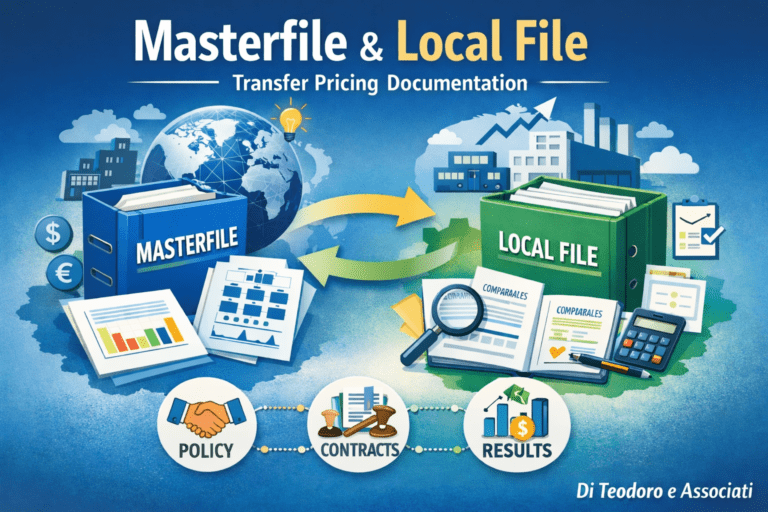 Infografica su Masterfile e Local File nella documentazione di transfer pricing: due raccoglitori (Masterfile e Local File) collegati da frecce, con icone di policy, contratti e risultati; firma “Di Teodoro e Associati” in basso a destra.