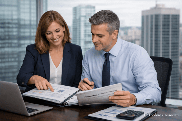 Data governance fiscale per Tax Control Framework e Transfer Pricing: illustrazione con analisi dati, documenti fiscali, grafici finanziari e sistemi digitali di controllo fiscale